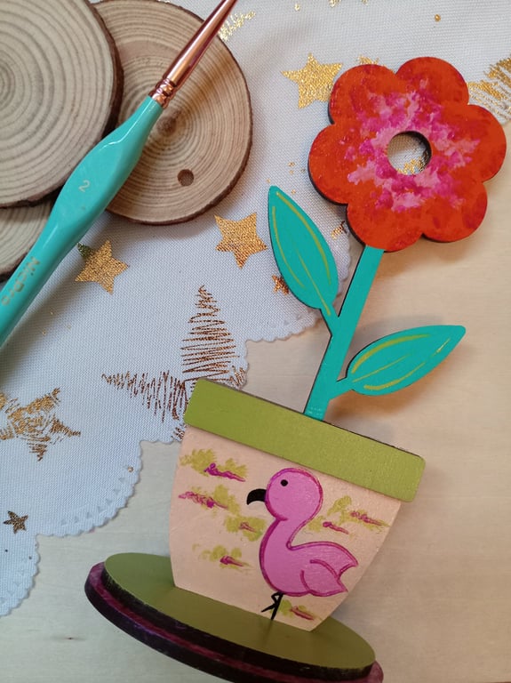 Hand painted Wooden flamingo flowers 