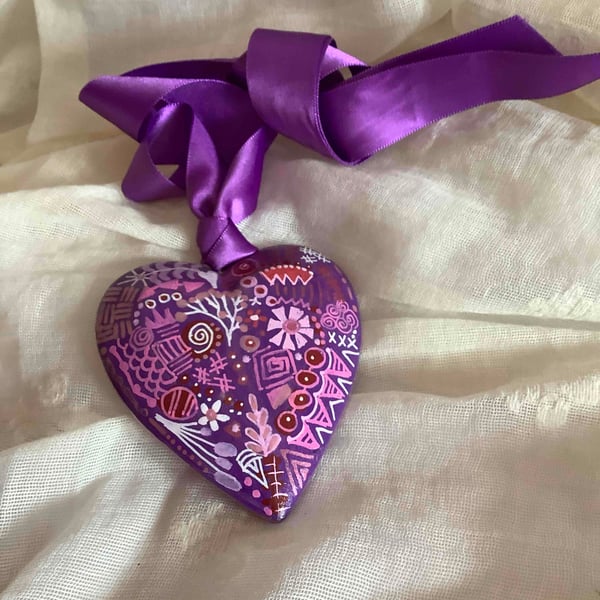 Purple hand painted wooden heart