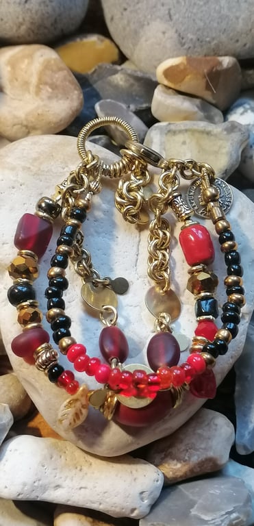 Multistrands bracelet, red black glass beads bracelet  , gold colour bracelet 