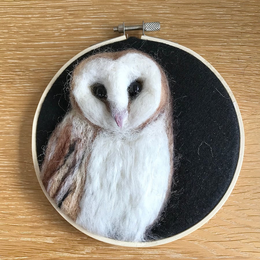Needle felted-barn owl-hoop art-picture 