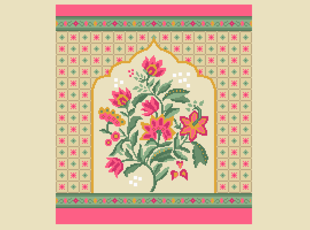 256A - Indian Pink Munghal Flowers Cross Stitch Pattern: Islamic Folk Art (PDF)