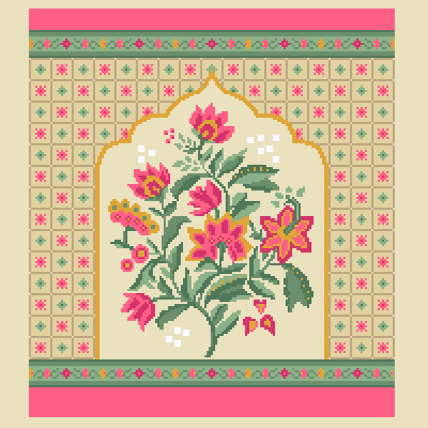 256A - Indian Pink Munghal Flowers Cross Stitch Pattern: Islamic Folk Art (PDF)