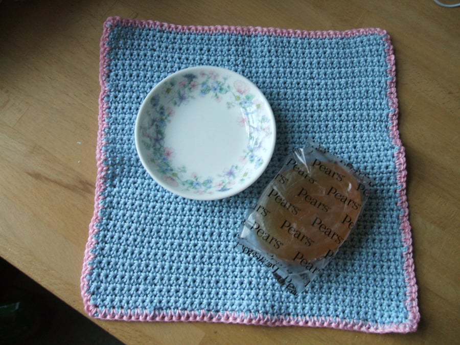 Crocheted cotton face cloth with vintage soap dish and Pears soap