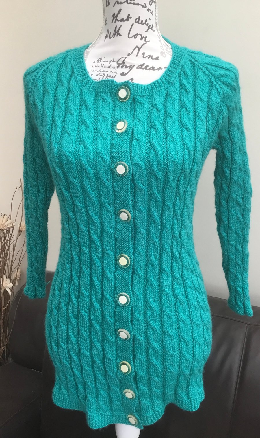 Jade Cable Twist!  Lovely Jade Toned Knitted Cardigan in Ruched Cable Twist.