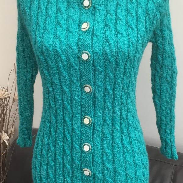 Jade Cable Twist!  Lovely Jade Toned Knitted Cardigan in Ruched Cable Twist.