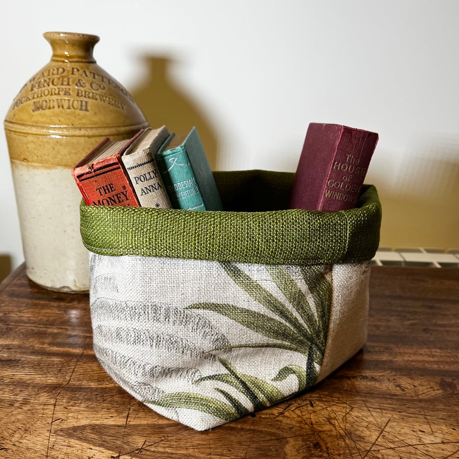 Palm print linen and green reversible storage basket gift hamper craft storage