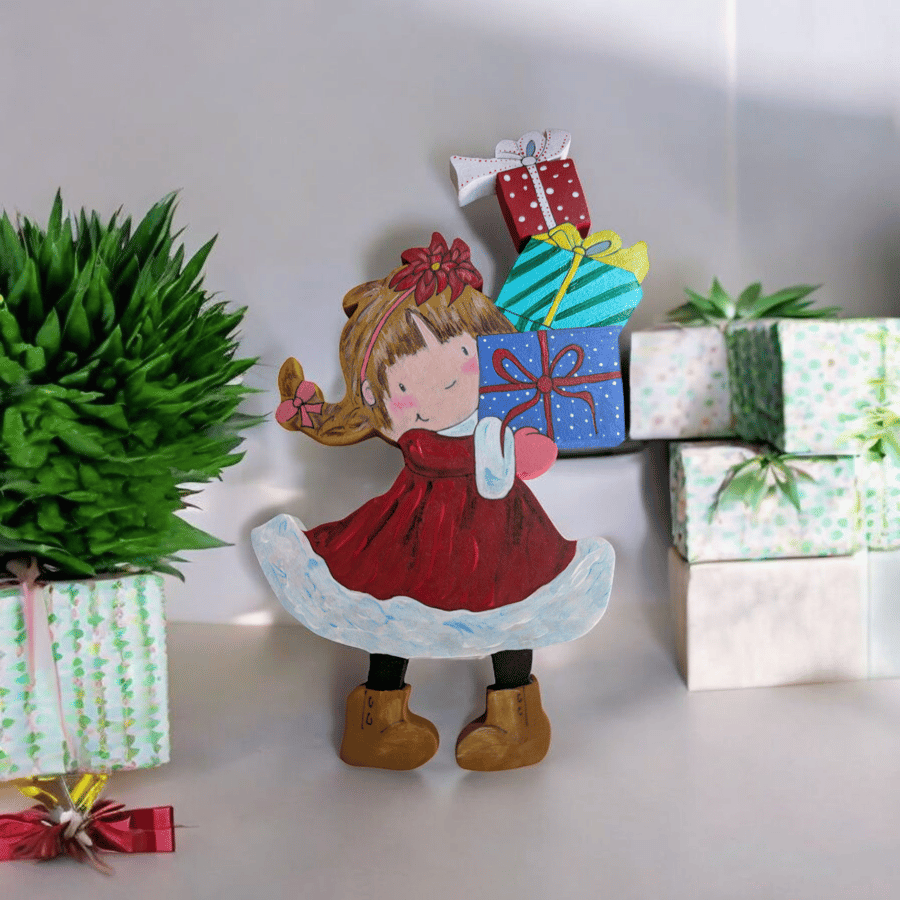 Christmas decorations wall hanging little girl carrying presents 