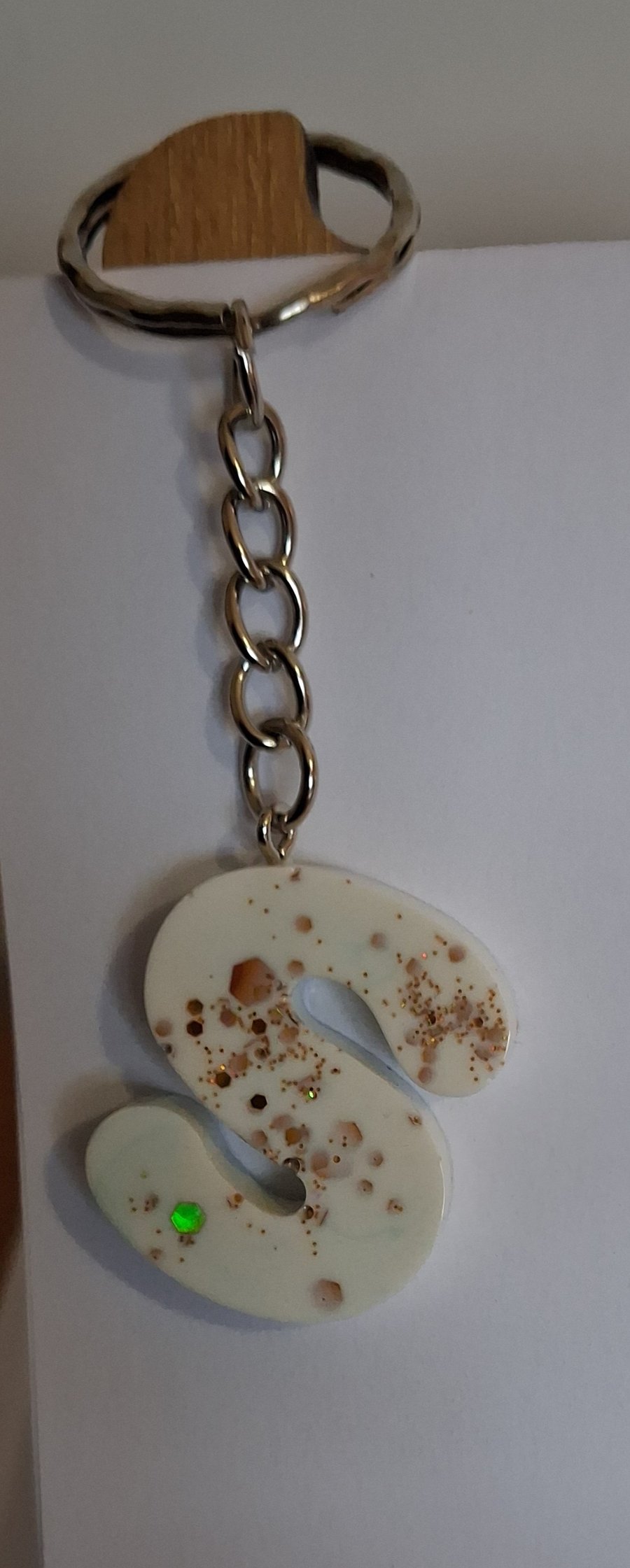 Handmade epoxy resin keyring with initial letter S