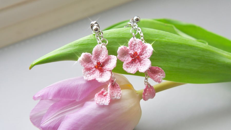 Microcrochet Cherry Blossoms Ear Jacket Stud Earrings 