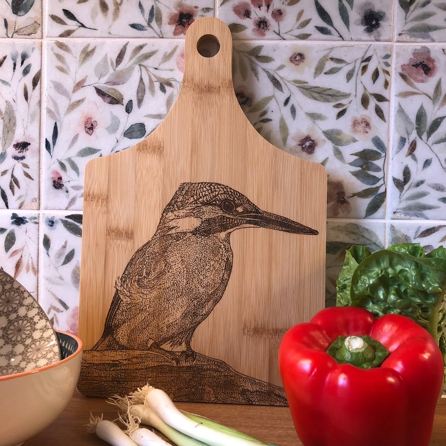 Bamboo wooden kingfisher chopping board laser engraved with original artwork