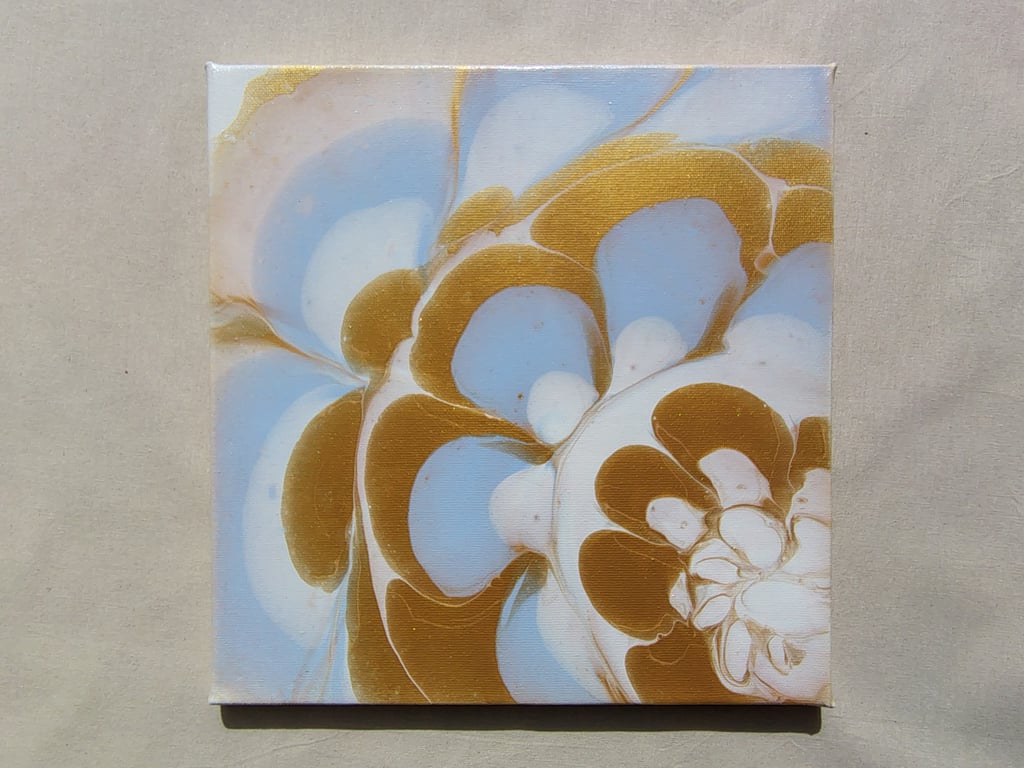 Acrylic Pour Art Canvas, Wall Art - White, Gold & Powder Blue Colour Scheme