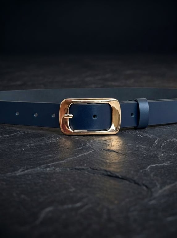 Navy Blue Full Grain Leather Belt Gold-Tone Rectangular Buckle Womens 25mm