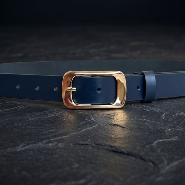 Navy Blue Full Grain Leather Belt Gold-Tone Rectangular Buckle Womens 25mm