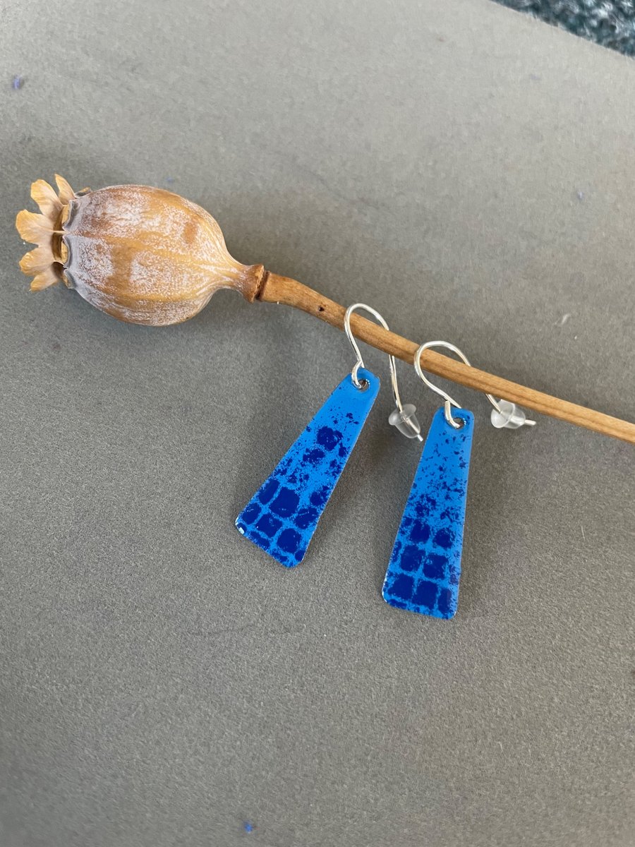 Glitch grid enamel earrings in blues