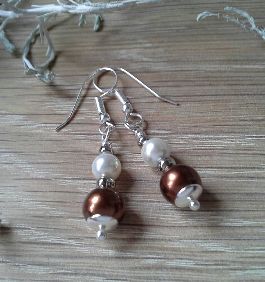 Brown & White Shell Pearl Earrings  Silver Plated