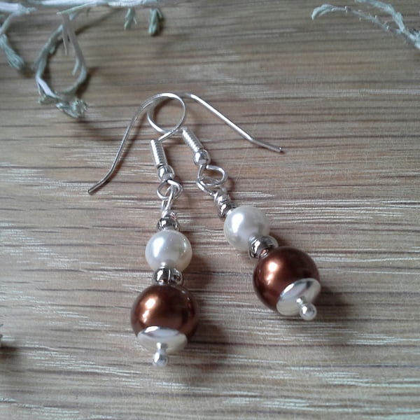 Brown & White Shell Pearl Earrings  Silver Plated