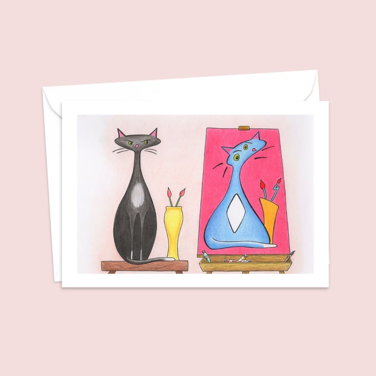  Funny Cat Greeting Card: Pencil Illustration of an Artist's Muse (114)