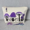 Embroidered zipped pouch, make up bag, toadstools