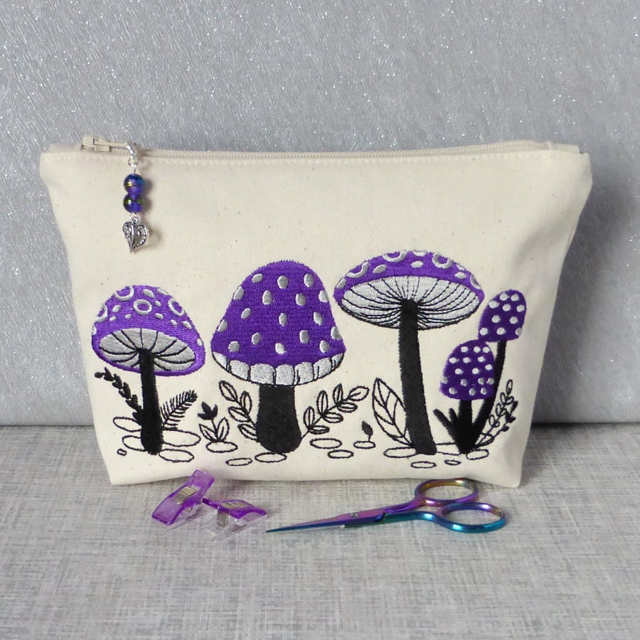 Embroidered zipped pouch, make up bag, toadstools