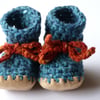 Wool, angora & leather baby boots, teal 6-12 months