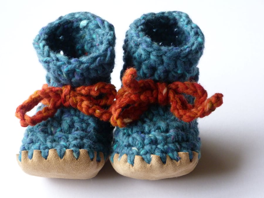 Wool, angora & leather baby boots, teal 6-12 months