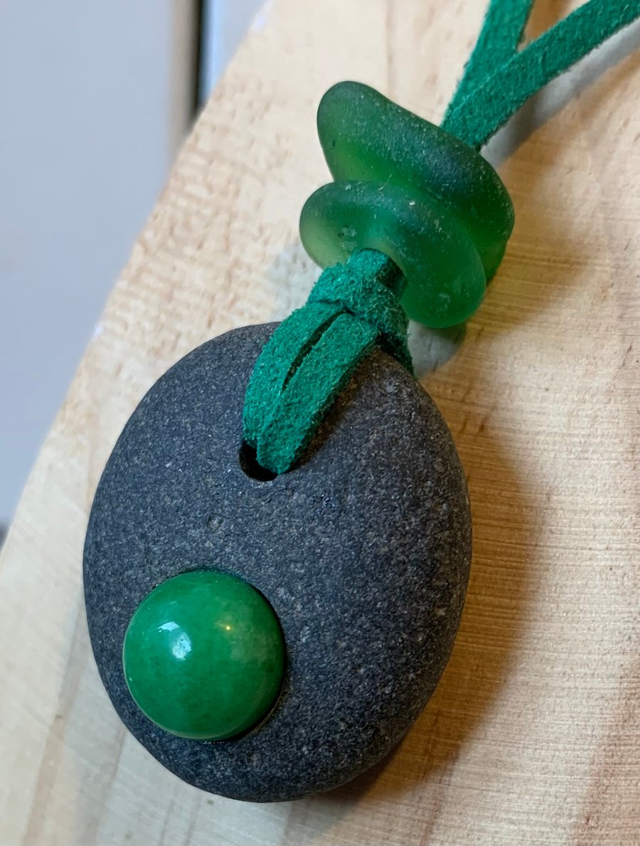 Green Chalcedony pendant, with sea glass.