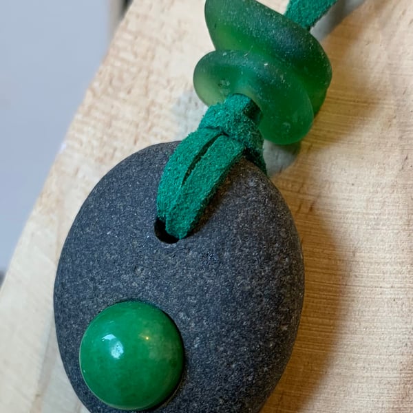 Green Chalcedony pendant, with sea glass.