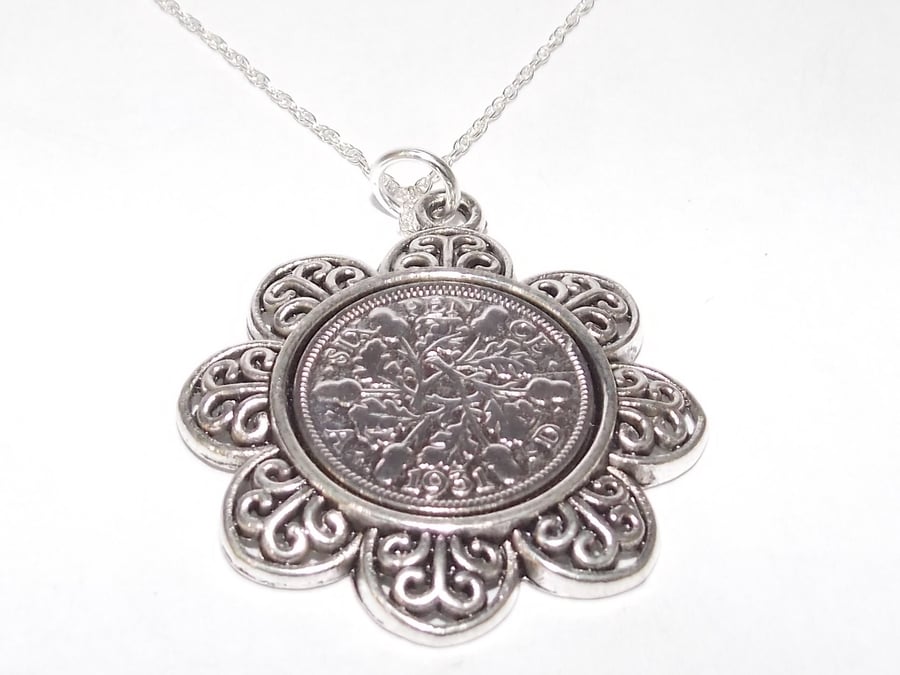 Floral Pendant 1931 Lucky sixpence 93rd Birthday plus a Sterling Silver 18in Cha