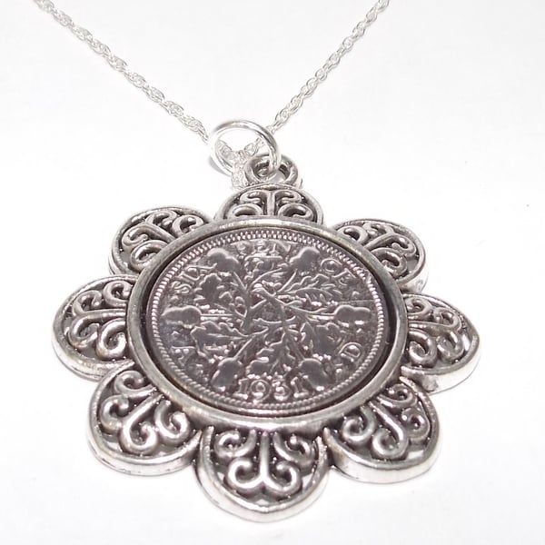 Floral Pendant 1931 Lucky sixpence 93rd Birthday plus a Sterling Silver 18in Cha
