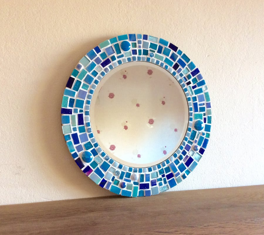 Round Mosaic Wall Mirror in shades of Turquoise, Blue & Teal 30cm Bathroom 