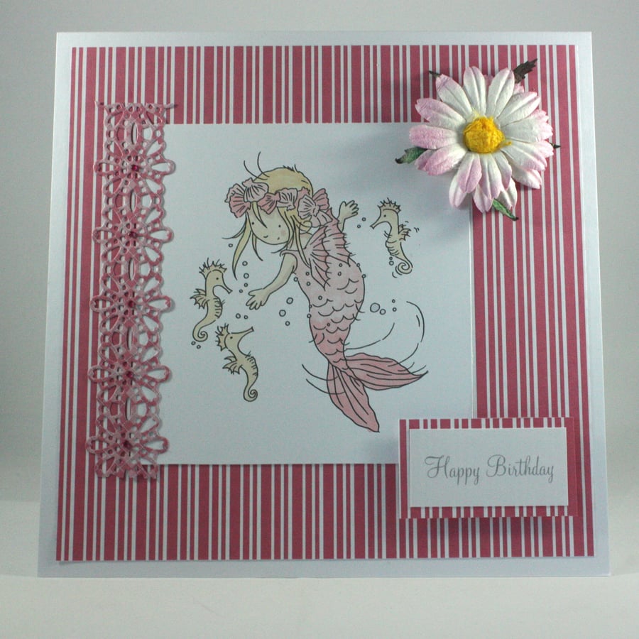 Handmade birthday card - pink mermaid