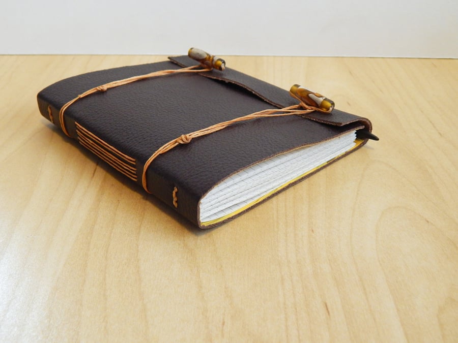 Leather Journal in Chocolate and Gold, hand made notebook. Gifts for men, teens.