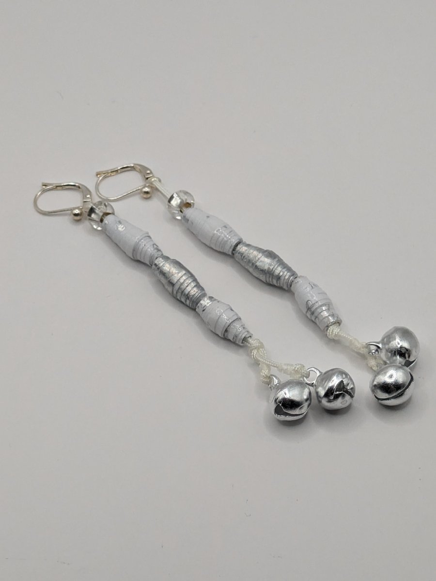 Silver And White Christmas Paper Bead Dangly Double Bell Earrings 