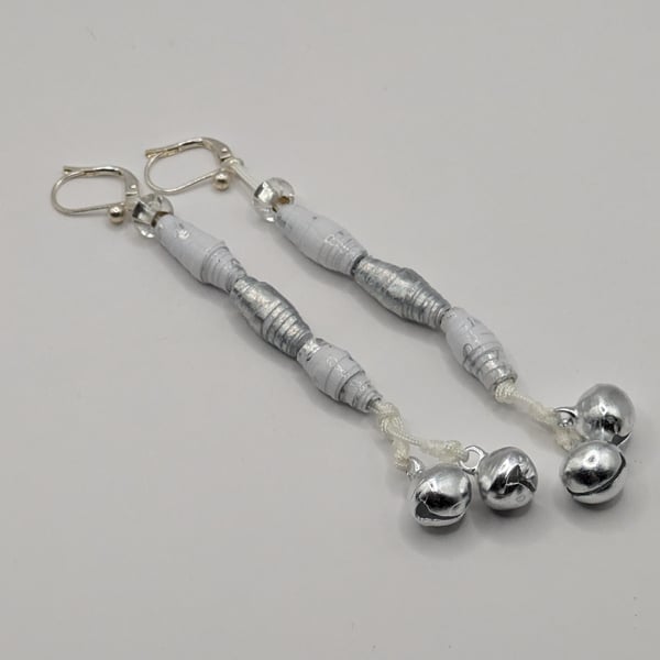Silver And White Christmas Paper Bead Dangly Double Bell Earrings 