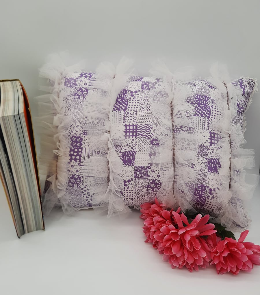 Frill feature cushion in purple and white. Free uk delivery 
