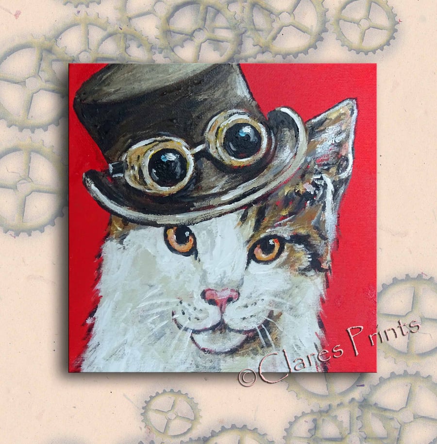 Titfer Cat Original Art Acrylic Painting on Canvas OOAK Retro Steampunk