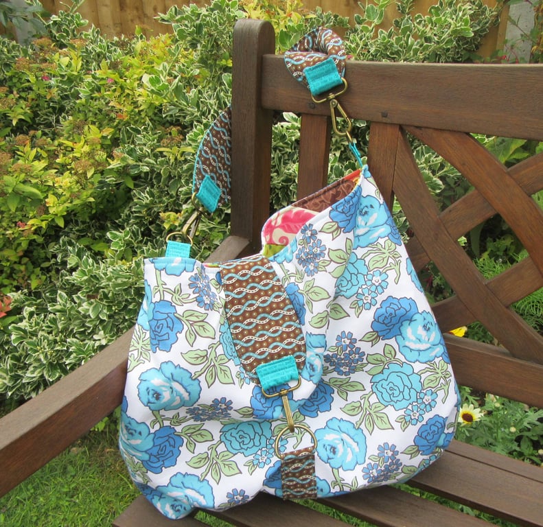 Reversible Hobo Bag, stripes and blue roses