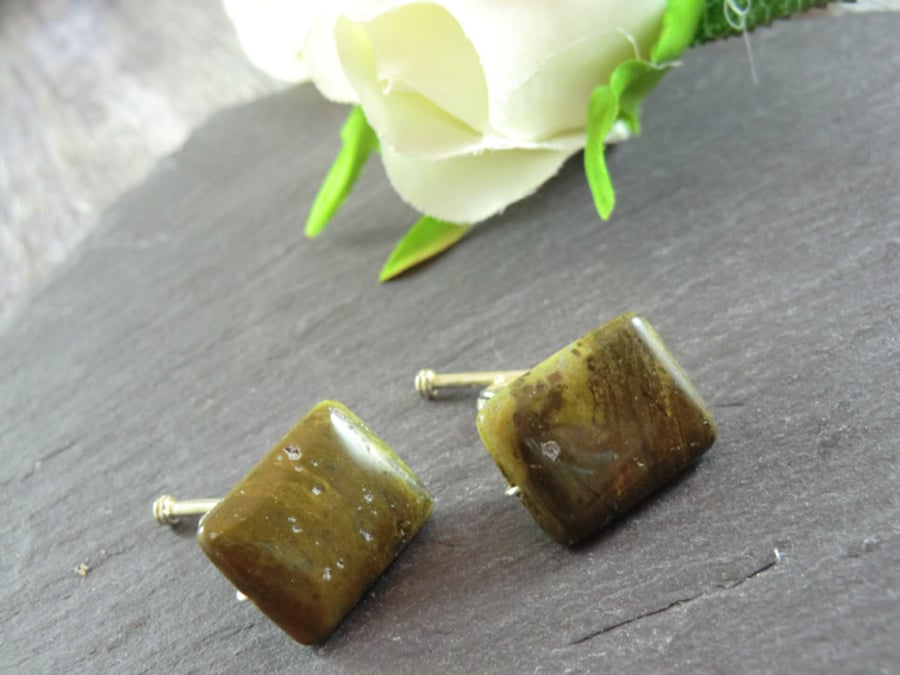 Brown Fossil Jasper Cufflinks, Brown Cufflinks, Gemstone Cufflinks