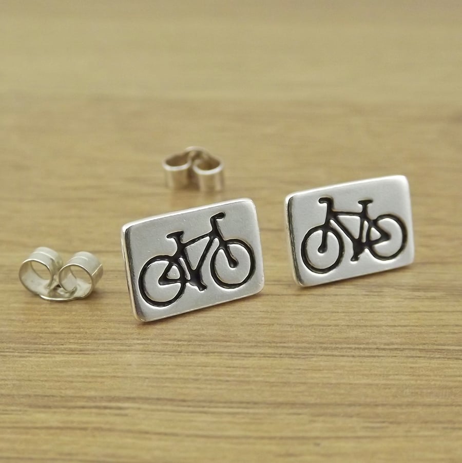 Mountain bike stud earrings for cyclist, handmade from sterling silver