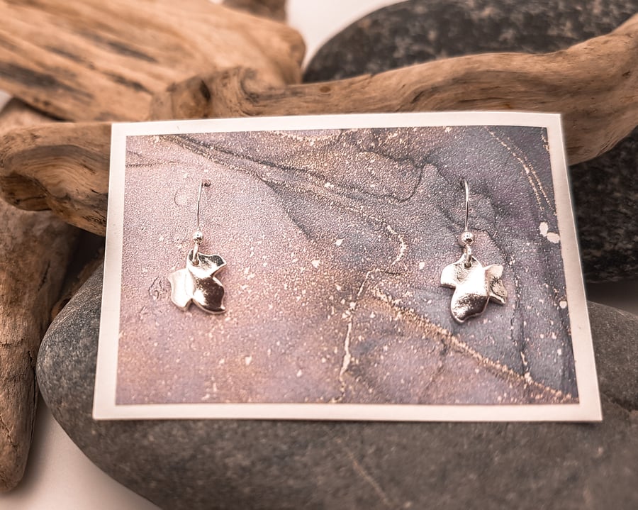 Delicate fine silver ivy leaf earrings on sterling silver ear wires