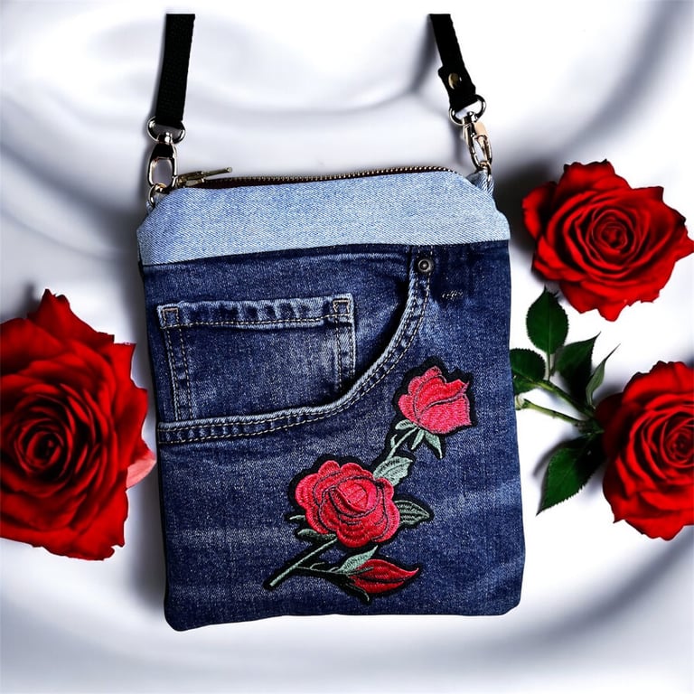 Handmade blue denim and rose detail zip up bag eco-friendly fashion