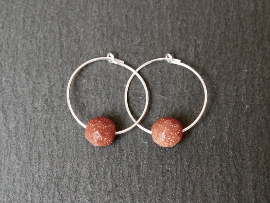 Sterling Silver Hoops - Red Goldstone Faceted