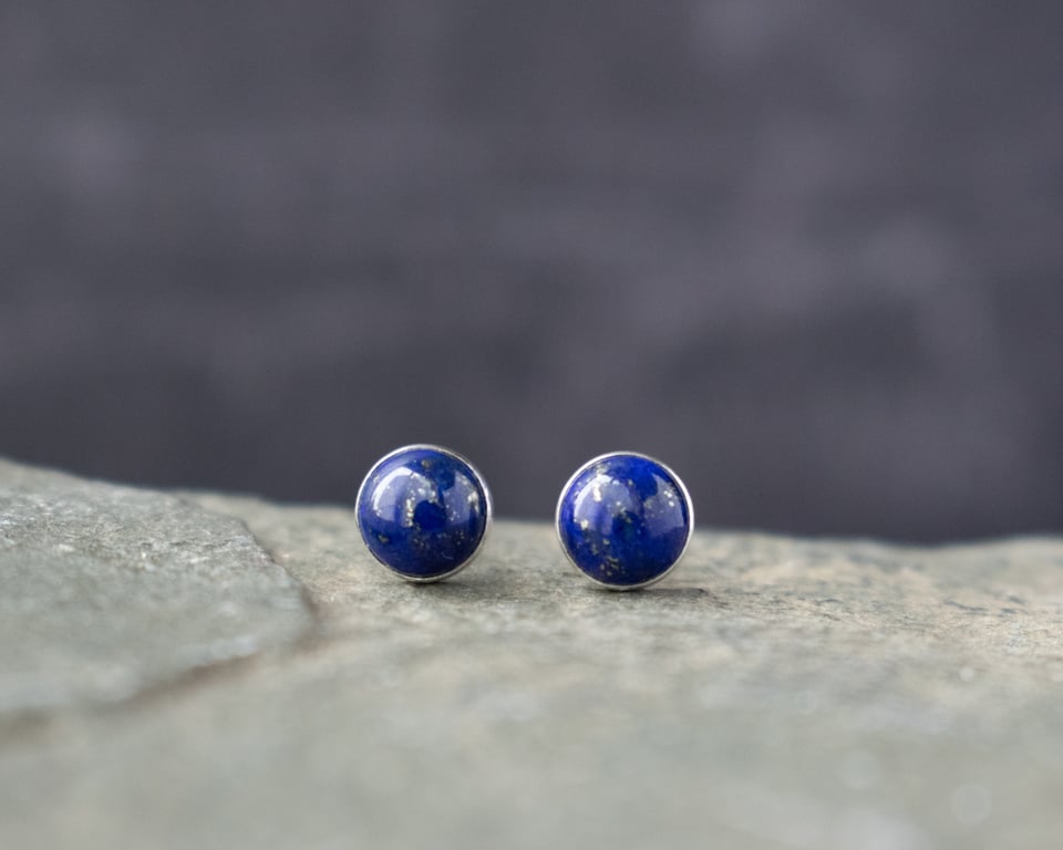 Lapis Lazuli Stud Earrings - Handmade Sterling Silver Studs