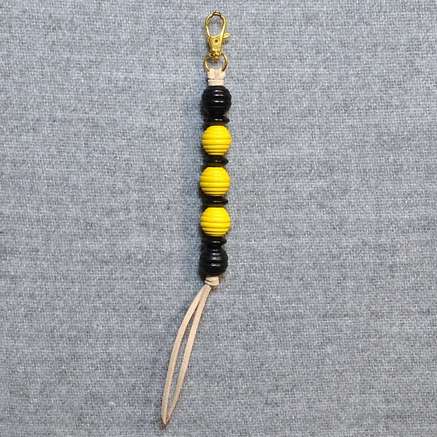 Bag Charm – Black and Yellow Wood Beads on Suede Cord