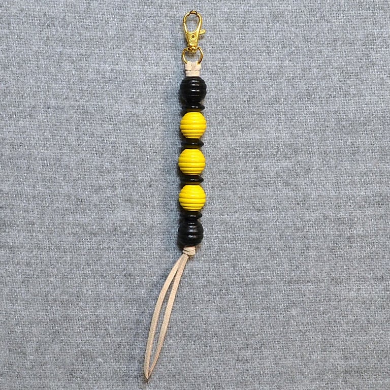 Bag Charm – Black and Yellow Wood Beads on Suede Cord