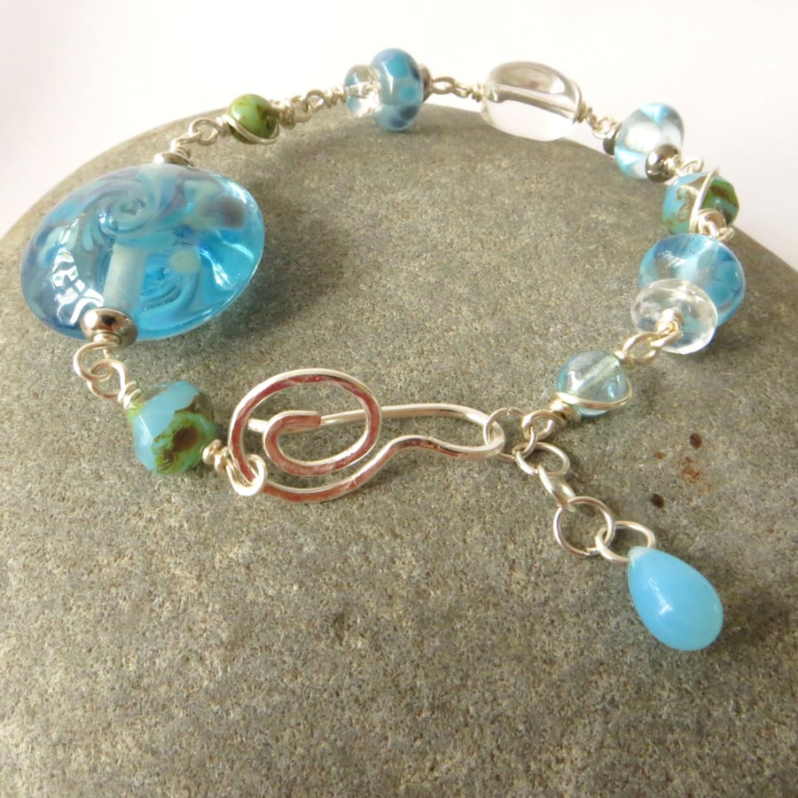 Bracelet with Turquoise, Silver and Green, Whirlpool Bracelet, OOAK