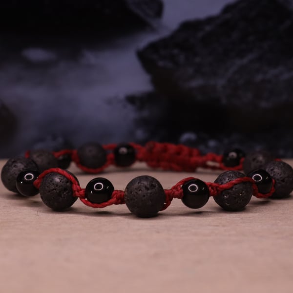 Men's macrame bracelet with Rav Lava Stone and Tourmaline 