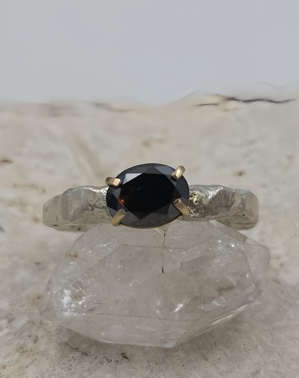 Molten Sterling Silver Black Diamond Ring – 9k Gold Prong Setting - Size N