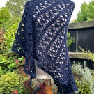 Handmade Soft Navy Blue Merino Lace Triangle Shawl Wrap