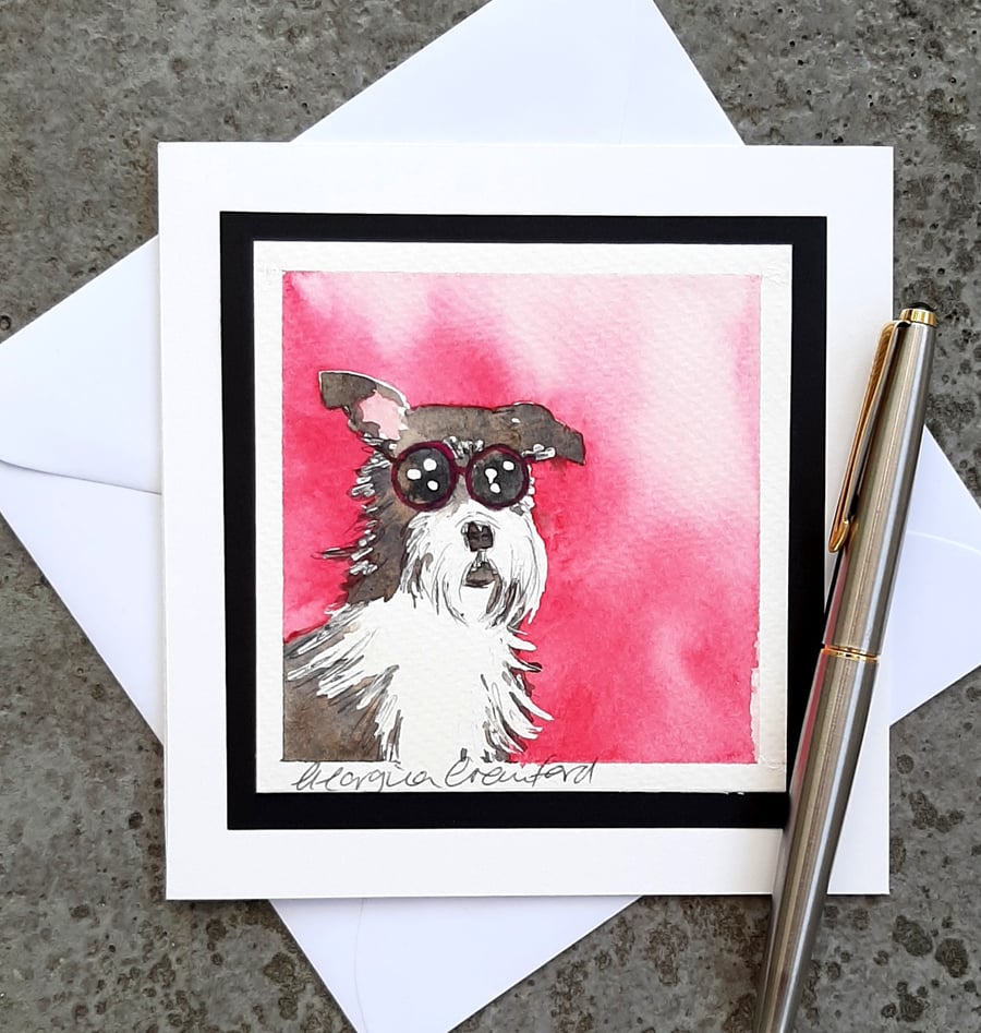 Card. Schnauzer Dog in Sunglasses. Handpainted Watercolour